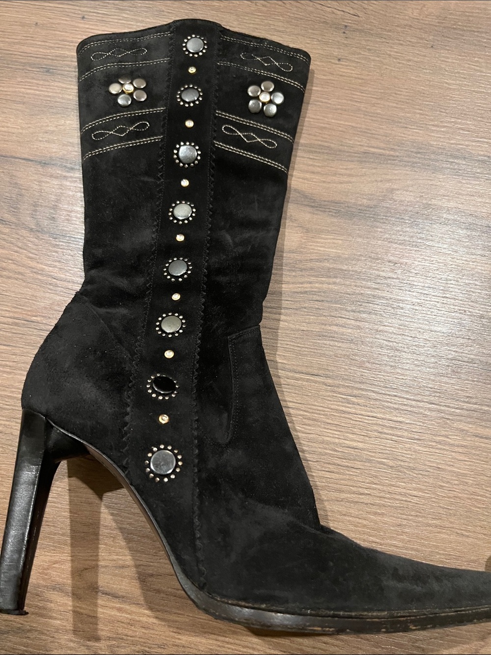 Black Suede High-Heel Mid-Calf Boot with Stud Embellishments